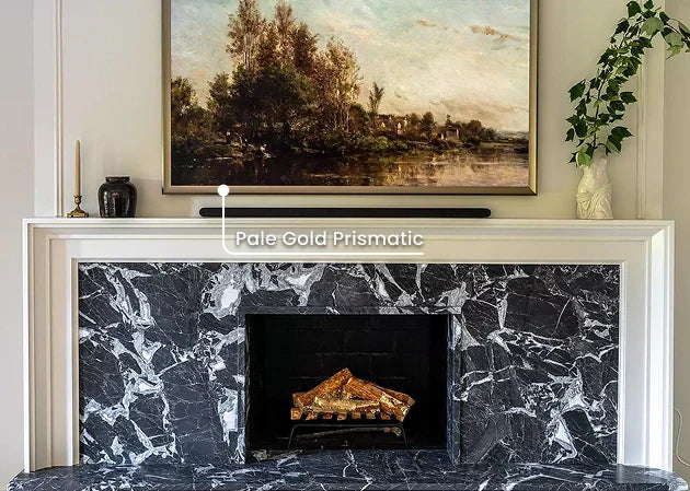 A Samsung Frame TV hangs over a fireplace in a modern design living room.