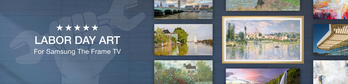 Promotional banner for Labor Day art featuring Samsung The Frame TV with scenic images.