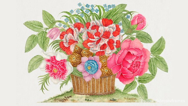 The 18th century illustration of a basket of blooming flowers