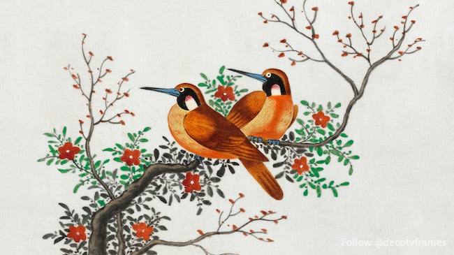 Pintura china que representa dos pájaros en la rama de un árbol en flor (ca.1800-1899) 